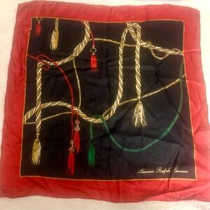 LAUREN RALPH LAUREN Silk Scarf Classic Logo Rope Design  Red Black Gold 18” NWOT